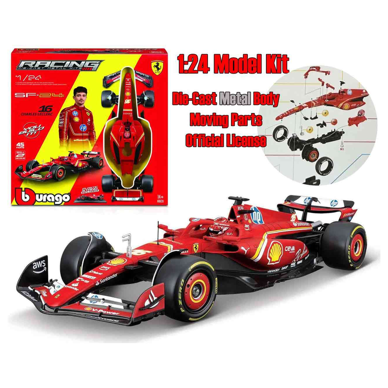 BBURAGO FORMULA 1 DIECAST METAL KIT - 1:24 - F1 SF-24 N.16 - CHARLES LECLERC + HELMET