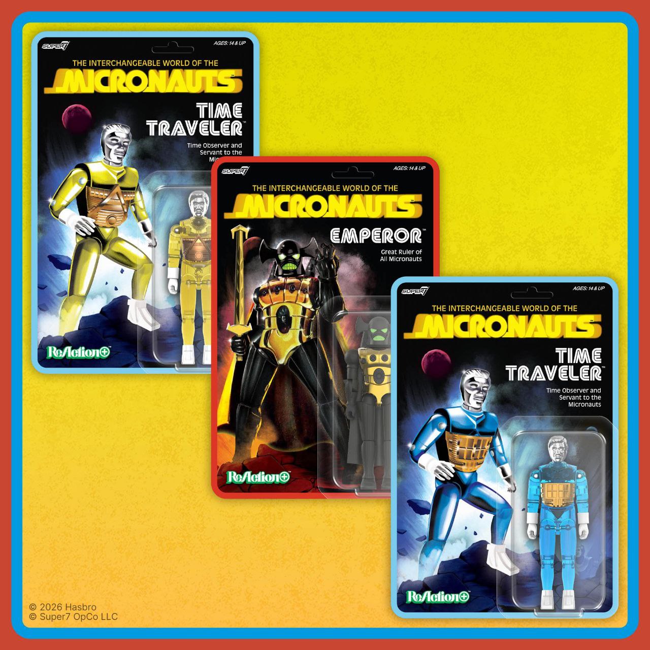 SUPER 7 RE-ACTION MICRONAUTS - (bundle) EMPEROR+TIME TRAVELER BLUE & YELLOW